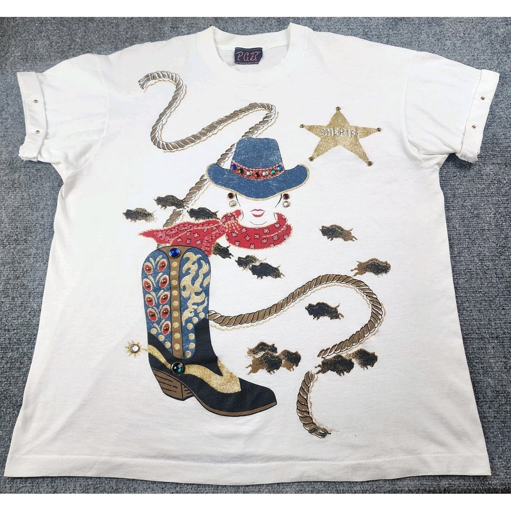 Vintage PGB Western Single Stitch Tee Women's One Size‎ Bedazzled Cowgirl Shirt